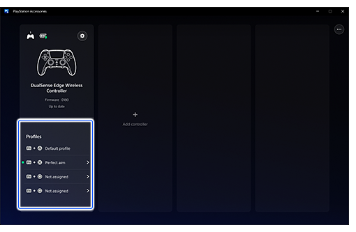 Screen showing connected DualSense Edge wireless controller and available profiles. 