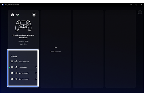 Screen showing a connected controller and a list of profiles on the bottom half of the tile.