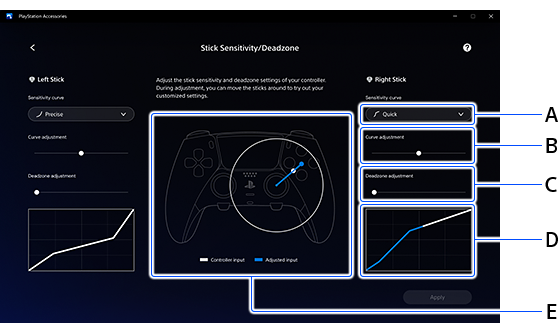 Screen showing stick sensitivity/deadzone settings.