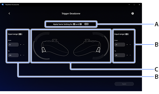 Pantalla de configuración de la zona muerta de los gatillos